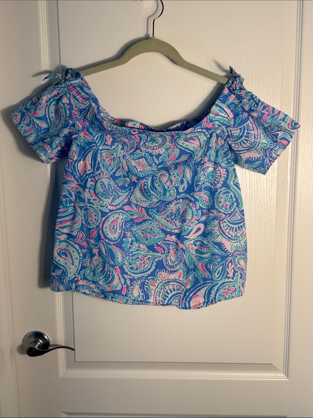 Lilly Pulitzer Tamara Off the Shoulder Top Blue Paisley Fish Kiss Sz S Cotton